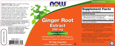 Photo of the NOW Ginger Root Extract 250 mg label