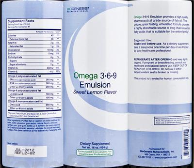 Photo of the BioGenesis Nutraceuticals Omega 3-6-9 Emulsion Sweet Lemon Flavor label