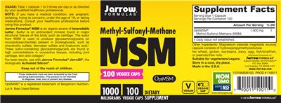 Photo of the Jarrow Formulas MSM 1000 mg label