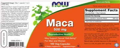 Photo of the NOW Maca 500 mg label