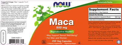 Photo of the NOW Maca 500 mg label