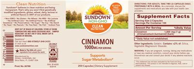 Photo of the Sundown Cinnamon 1000 mg label