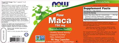 Photo of the NOW Raw Maca 750 mg label