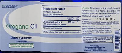 Photo of the BioGenesis Nutraceuticals Oregano Oil label