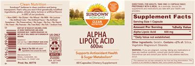 Photo of the Sundown Alpha Lipoic Acid 600 mg label