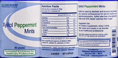 Photo of the BioGenesis Nutraceuticals Xylitol Peppermint Mints label