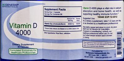 Photo of the BioGenesis Nutraceuticals Vitamin D 4000 label