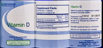 Photo of the BioGenesis Nutraceuticals Vitamin D label