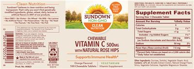 Photo of the Sundown Chewable Vitamin C 500 mg Orange Flavored label