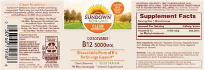Photo of the Sundown Dissolvable B12 5000 mcg Cherry Flavored label