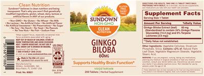 Photo of the Sundown Ginkgo Biloba 60 mg label