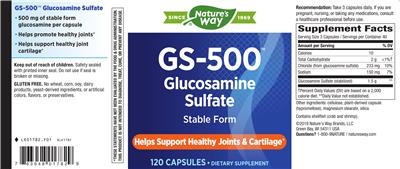 Photo of the Nature's Way GS-500 Glucosamine Sulfate label