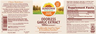 Photo of the Sundown Odorless Garlic Extract 1000 mg label