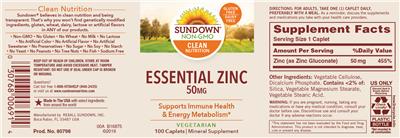 Photo of the Sundown Essential Zinc 50 mg label