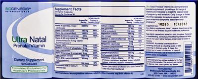 Photo of the BioGenesis Nutraceuticals Ultra Natal Prenatal Vitamin label