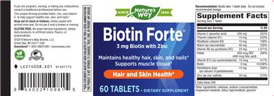 Photo of the Nature's Way Biotin Forte 3 mg Biotin with Zinc label