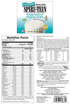 Photo of the Nature's Plus Unsweetened Spiru-Tein High Protein High Energy Meal Simply Natural Original Vanilla label