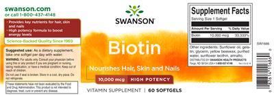 Photo of the Swanson Biotin 10,000 mcg High Potency label