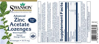 Photo of the Swanson Premium Brand Advanced Zinc Acetate Lozenges 18.75 mg Natural Orange Flavor label