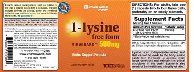 Photo of the Vitamin World L-Lysine Viraguard 500 mg label