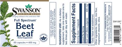 Photo of the Swanson Premium Brand Full Spectrum Beet Leaf 400 mg label