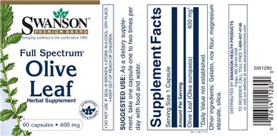Photo of the Swanson Premium Brand Full Spectrum Olive Leaf 400 mg label