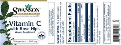 Photo of the Swanson Premium Brand Vitamin C with Rose Hips 1,000 mg label