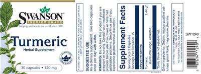 Photo of the Swanson Premium Brand Turmeric 720 mg label