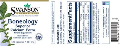 Photo of the Swanson Premium Brand Boneology Superior Calcium Form 167 mg label