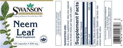 Photo of the Swanson Premium Brand Neem Leaf 500 mg label