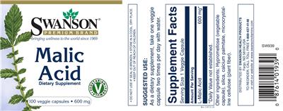 Photo of the Swanson Premium Brand Malic Acid 600 mg label