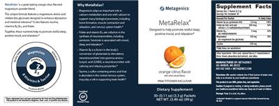 Photo of the Metagenics MetaRelax Orange Citrus Flavor label