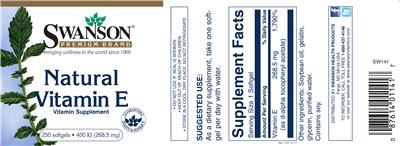 Photo of the Swanson Premium Brand Natural Vitamin E 400 IU (268.5 mg) label