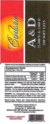 Photo of the Carlson A & D 25,000 IU & 1,000 IU label