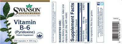 Photo of the Swanson Premium Brand Vitamin B-6 (Pyridoxine) 100 mg label