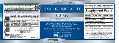 Photo of the Vitamin World Mega Hyaluronic Acid 100 mg label