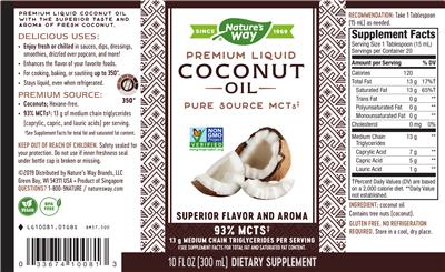Photo of the Nature's Way Premium Liquid Coconut Oil label