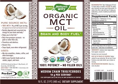 Photo of the Nature's Way Organic MCT Oil label
