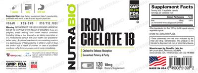Photo of the NutraBio Iron Chelate 18 18 mg label