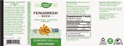 Photo of the Nature's Way Fenugreek Seed 1220 mg label