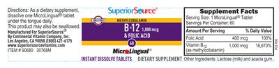 Photo of the Superior Source Methylcobalamin B-12 1,000 mcg & Folic Acid label