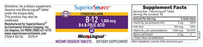 Photo of the Superior Source Cyanocobalamin B-12 1,000 mcg B-6 & Folic Acid label
