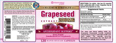 Photo of the Vitamin World Maximum Strength Grapeseed Extract 200 mg label
