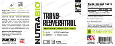 Photo of the NutraBio Trans-Resveratrol 250 mg label