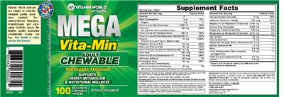 Photo of the Vitamin World Mega Vita-Min Adult Chewable Pineapple Flavored label