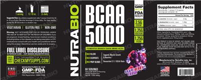 Photo of the NutraBio BCAA 5000 Grape Berry Crush label