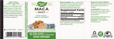 Photo of the Nature's Way Maca Root 525 mg label