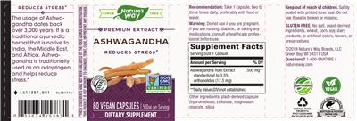 Photo of the Nature's Way Ashwagandha 500 mg label
