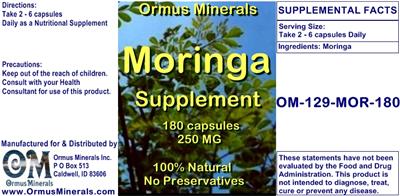 Photo of the Ormus Minerals Moringa Supplement 250 mg label
