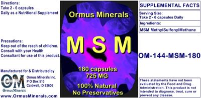 Photo of the Ormus Minerals MSM 725 mg label